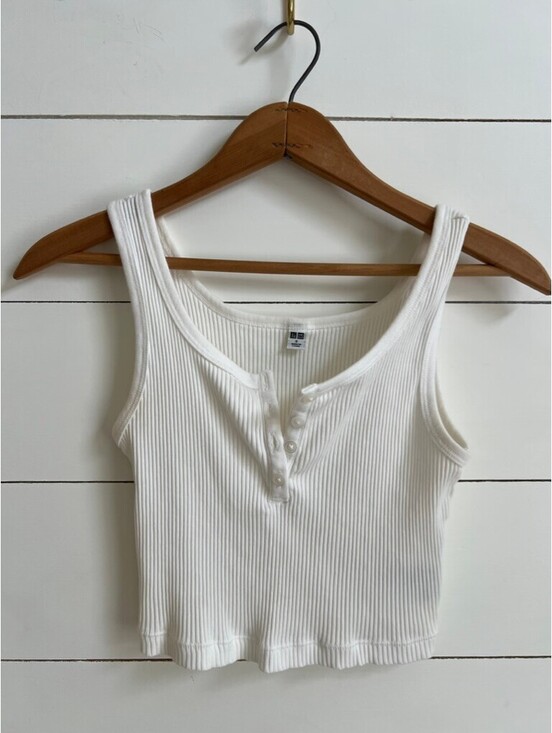 Uniqlo Tops - Uniqlo Women's Ribbed Henley Neck Cropped Tank Top Size S White